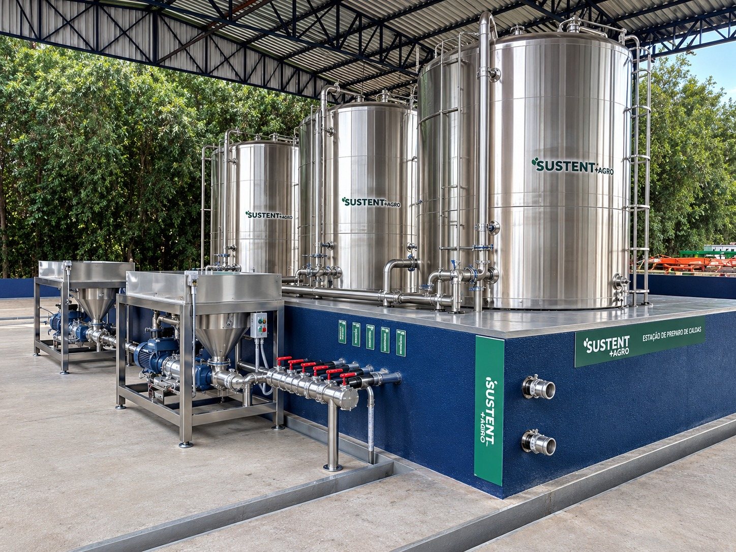 Estação de preparo com três reservatórios de calda em inox, duas bancadas de preparo e tubulação em inox